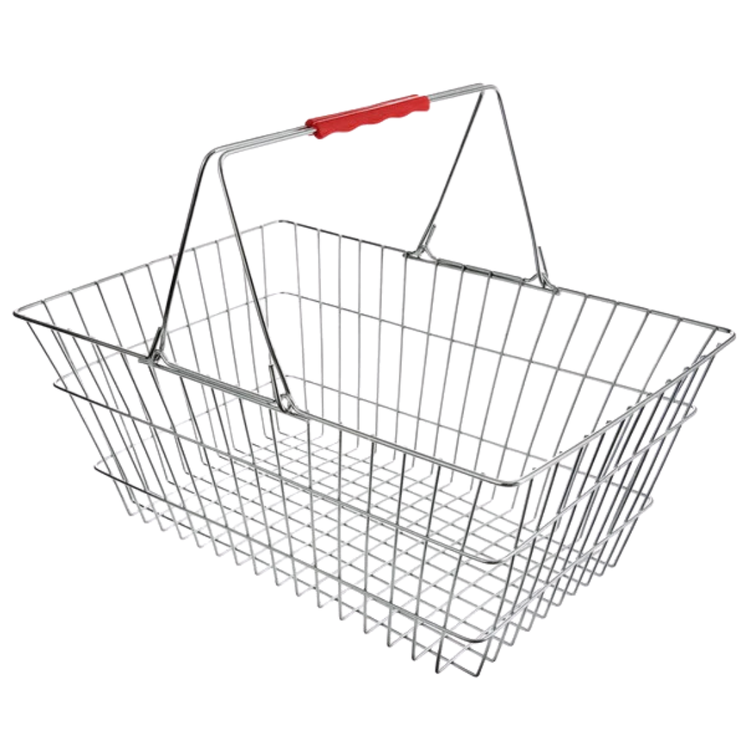 Cesta de la compra de comestibles de cromo Regency 17 3/4" x 12 3/4" x 7 1/2" con asas rojas